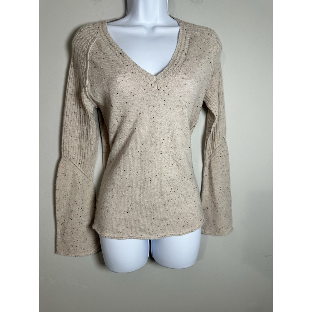 27 Miles Malibu 100% Cashmere VNeck Sweater Bell Sleeve Oatmeal Donegal Fleck XS